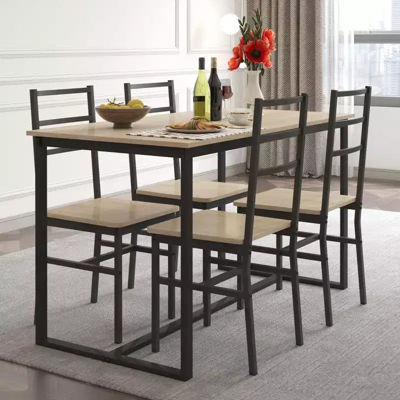 Ensemble de salle à manger 5 pièces Okak de style industriel avec table et chaises à dossier pour salle à manger, restaurant, ensemble dinette en métal et bois pour dîner en famille