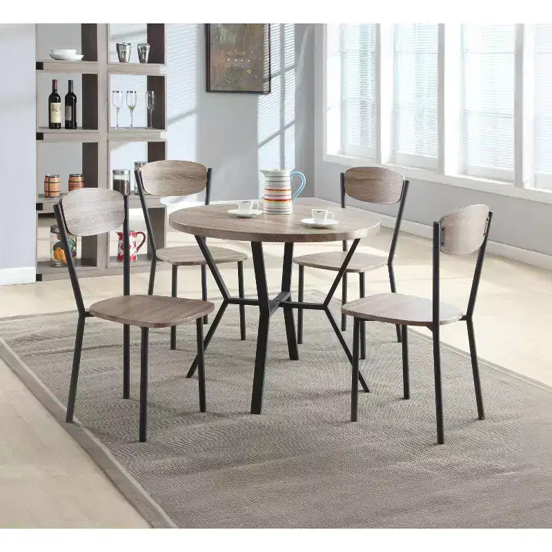 Okak Set da pranzo industriale di 5 pezzi, tavolo e sedie con schienale per sala da pranzo, ristorante, set da pranzo in metallo e legno per cene in famiglia