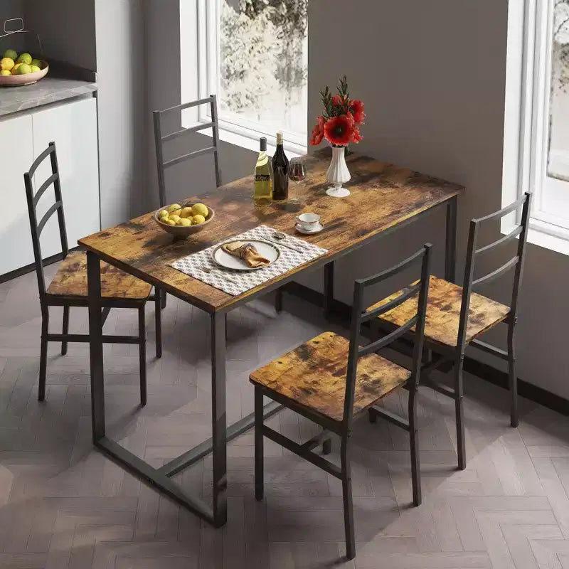 Okak Set da pranzo industriale di 5 pezzi, tavolo e sedie con schienale per sala da pranzo, ristorante, set da pranzo in metallo e legno per cene in famiglia