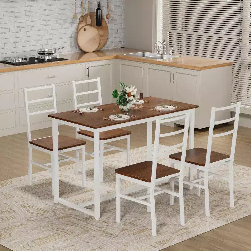 Okak Set da pranzo industriale di 5 pezzi, tavolo e sedie con schienale per sala da pranzo, ristorante, set da pranzo in metallo e legno per cene in famiglia