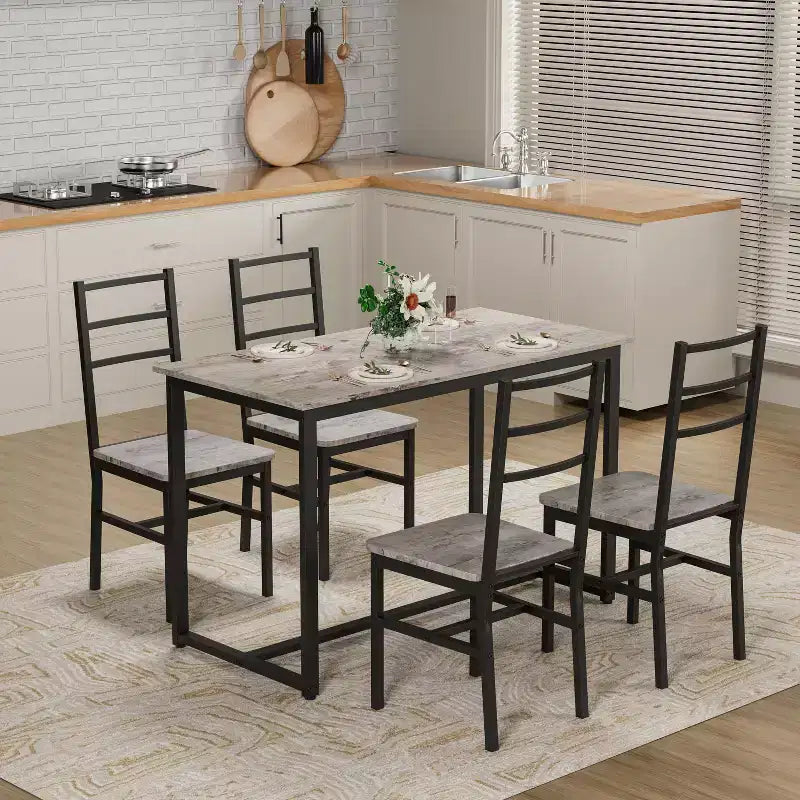 Okak Set da pranzo industriale di 5 pezzi, tavolo e sedie con schienale per sala da pranzo, ristorante, set da pranzo in metallo e legno per cene in famiglia