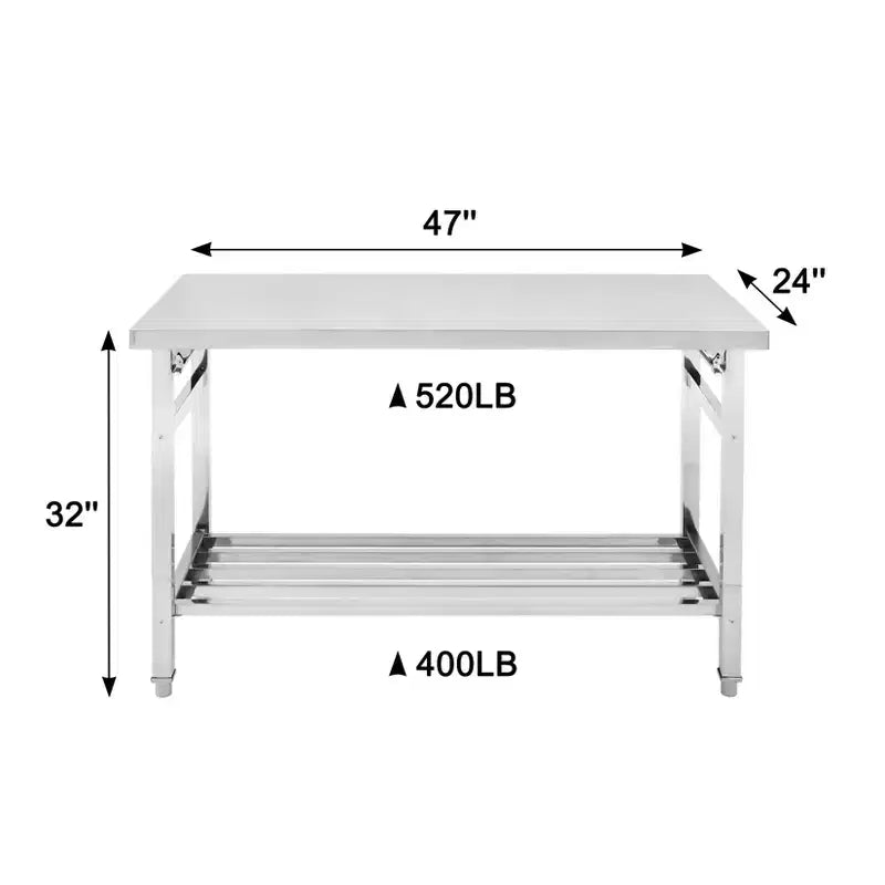Table de travail 24 x 47 pouces pour préparation et travail, table de travail pliante commerciale robuste en acier inoxydable NSF avec étagère inférieure réglable pour cuisine