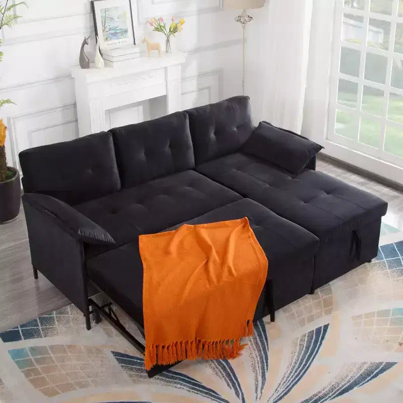 MAYEERTY 77.6 Divano Sezionale Trasformabile Reversibile - Letto Matrimoniale Estraibile, Vano Contenitore Nascosto, Rivestimento in Velluto