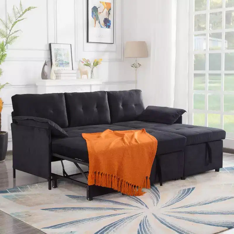 MAYEERTY 77.6 Divano Sezionale Trasformabile Reversibile - Letto Matrimoniale Estraibile, Vano Contenitore Nascosto, Rivestimento in Velluto
