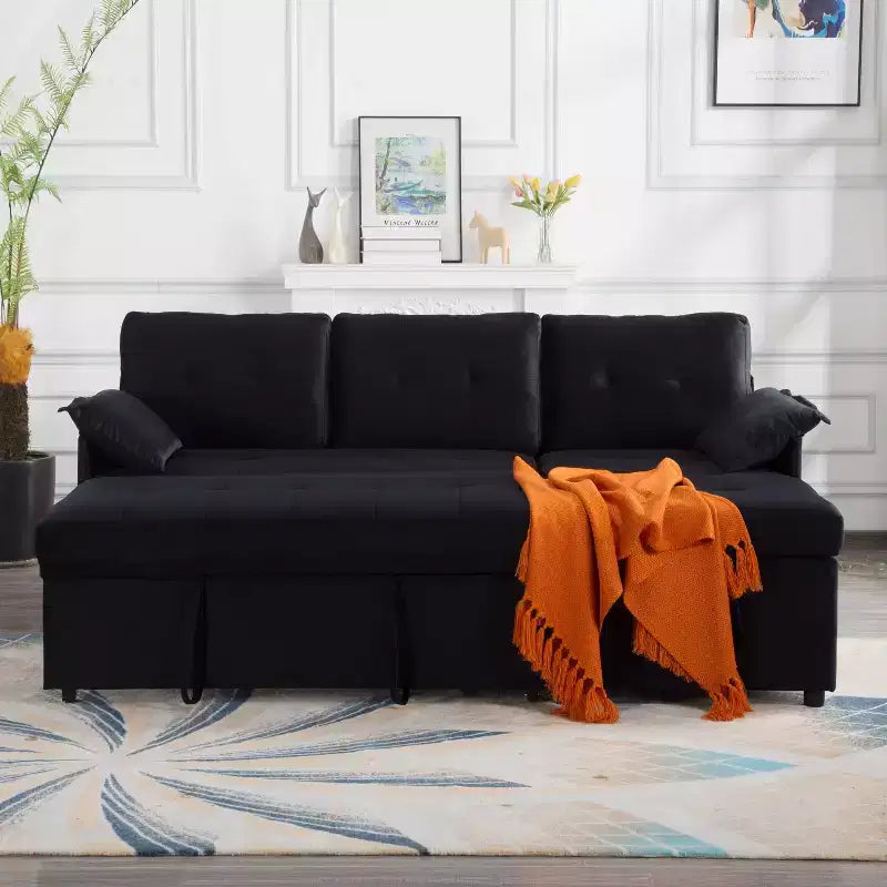 MAYEERTY 77.6 Reversible Sectional Sleeper Sofa - Pull-Out Full Size Bed, Hidden Storage, Velvet Upholstery