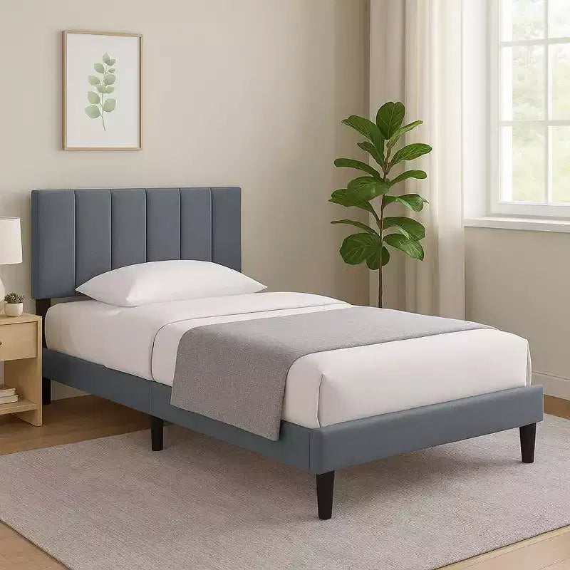 Royal Hampton Full Bed, Soft Channel Tufted Charcoal Gray Linen Upholstery
