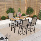 Captiva Designs 5pc Patio Slat-top Rectangle Wood-look Finished Metal Bar Table & Sling Swivel Bar Stools