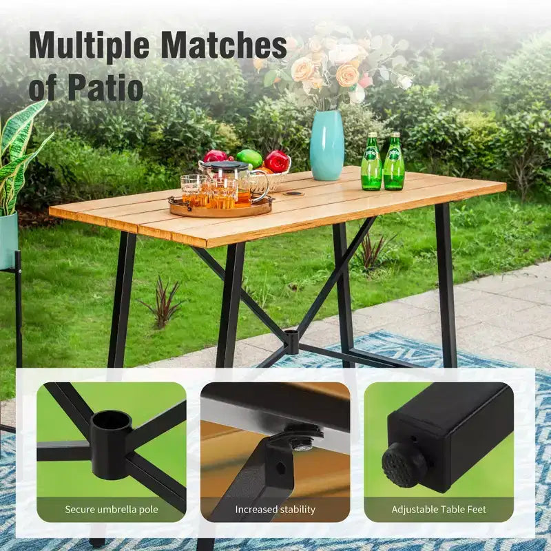 Captiva Designs Set da 5 pezzi tavolo da bar rettangolare con piano a doghe effetto legno in metallo e sgabelli da bar girevoli con seduta in tessuto a rete