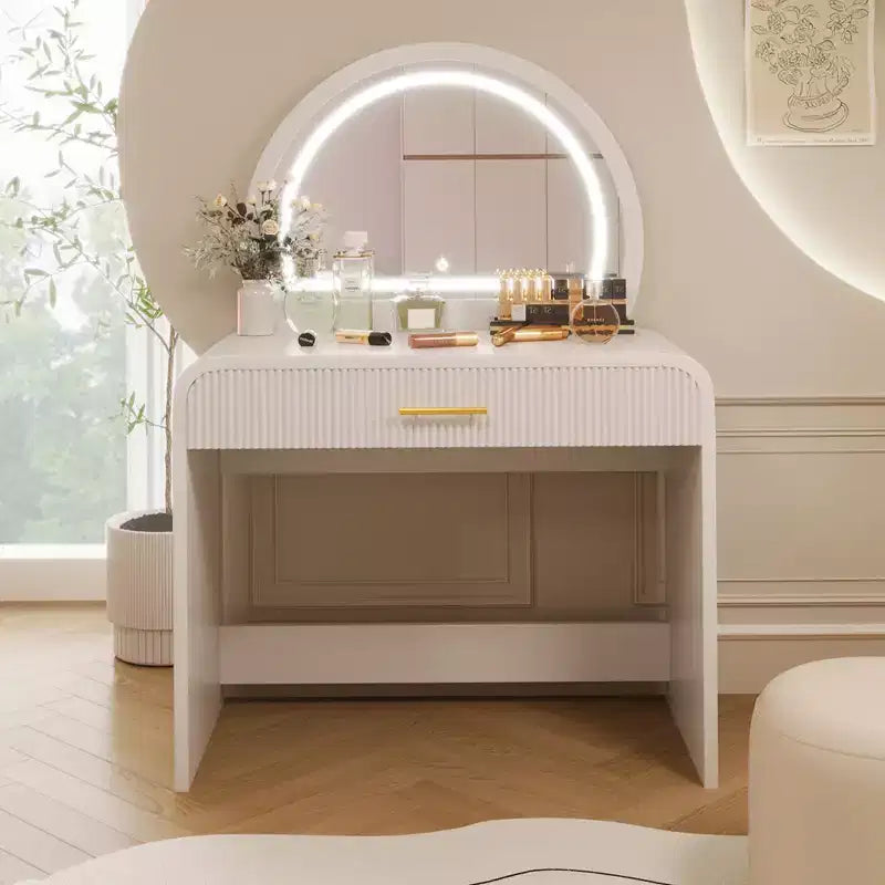 Makeup Vanity Table with Lighted Mirror, Bedroom Vanity Desk, Contemporary Vanity Set with Padded Stool, Dressing Table with Spacious Drawers