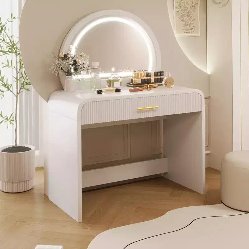Coiffeuse avec miroir lumineux, coiffeuse de chambre à coucher, coiffeuse contemporaine avec tabouret rembourré, coiffeuse avec tiroirs spacieux