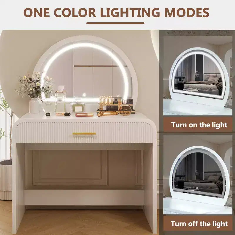Coiffeuse avec miroir lumineux, coiffeuse de chambre à coucher, coiffeuse contemporaine avec tabouret rembourré, coiffeuse avec tiroirs spacieux