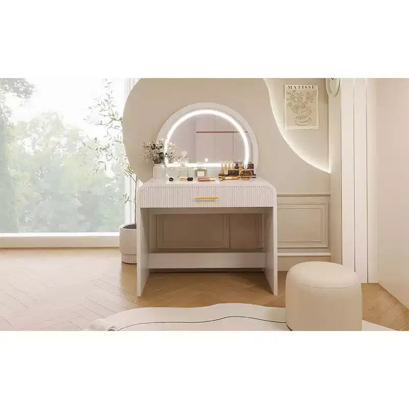 Coiffeuse avec miroir lumineux, coiffeuse de chambre à coucher, coiffeuse contemporaine avec tabouret rembourré, coiffeuse avec tiroirs spacieux