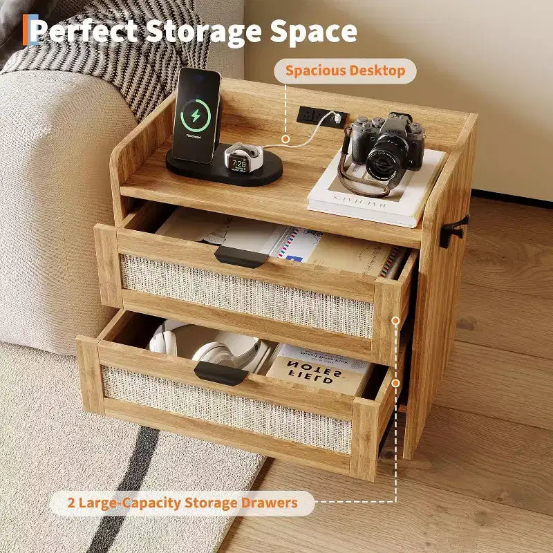 Comodino in Rattan, Comodino Boho con 2 Cassetti Contenitori, Tavolino da Salotto, Tavolino Laterale per Camera da Leto, Ufficio, Soggiorno