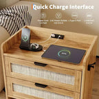 Comodino in Rattan, Comodino Boho con 2 Cassetti Contenitori, Tavolino da Salotto, Tavolino Laterale per Camera da Leto, Ufficio, Soggiorno