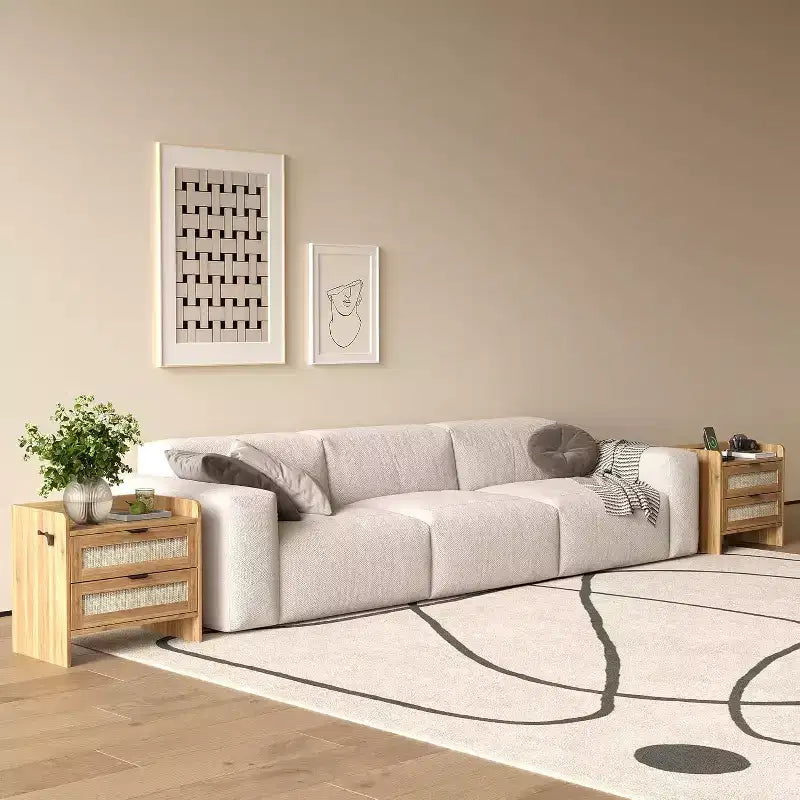 Comodino in Rattan, Comodino Boho con 2 Cassetti Contenitori, Tavolino da Salotto, Tavolino Laterale per Camera da Leto, Ufficio, Soggiorno