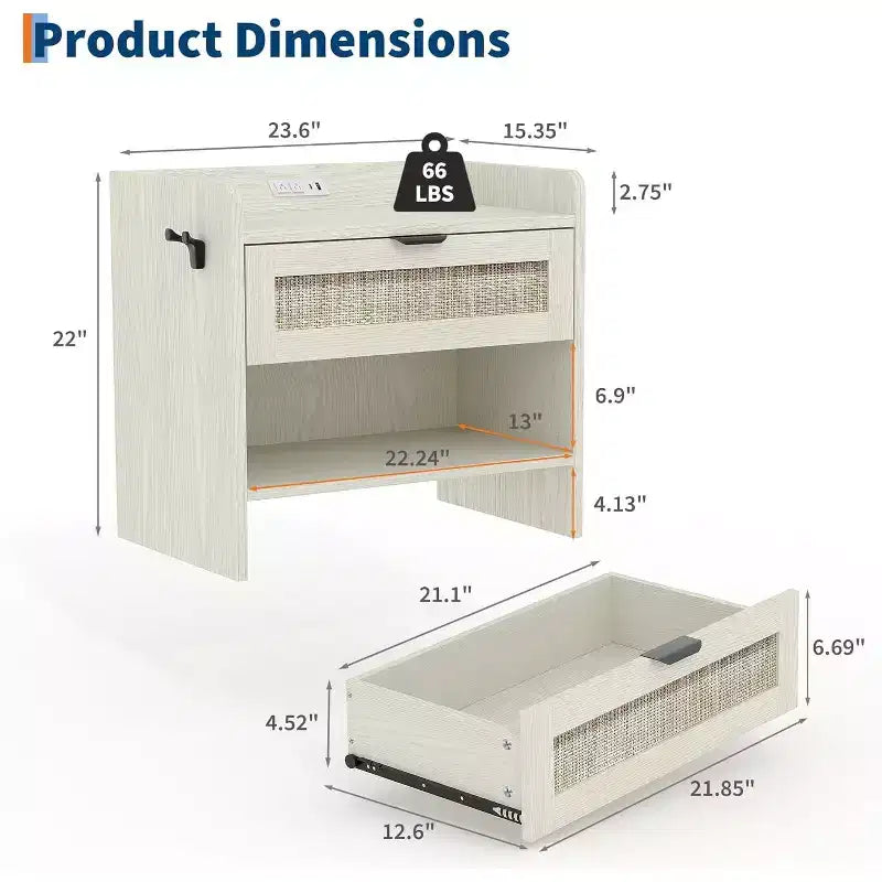 Comodino in Rattan, Comodino Boho con 2 Cassetti Contenitori, Tavolino da Salotto, Tavolino Laterale per Camera da Leto, Ufficio, Soggiorno