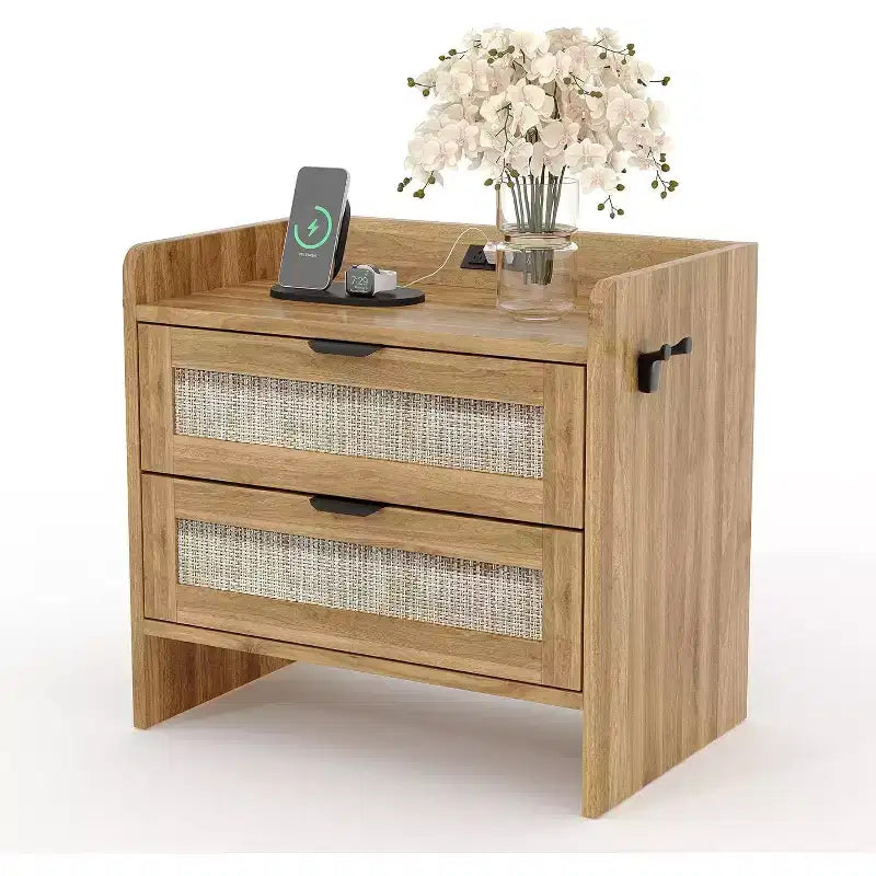 Comodino in Rattan, Comodino Boho con 2 Cassetti Contenitori, Tavolino da Salotto, Tavolino Laterale per Camera da Leto, Ufficio, Soggiorno