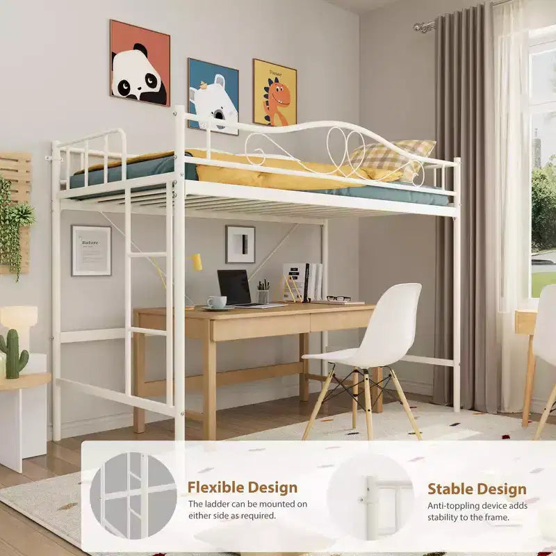 COZONY Letto a soppalco singolo con scaletta regolabile, telaio in metallo resistente capacità 180 kg sponda di sicurezza