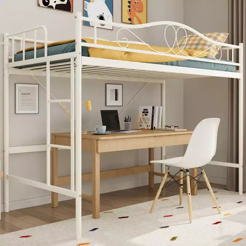 COZONY Letto a soppalco singolo con scaletta regolabile, telaio in metallo resistente capacità 180 kg sponda di sicurezza
