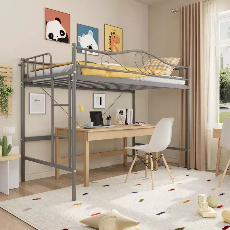 COZONY Letto a soppalco singolo con scaletta regolabile, telaio in metallo resistente capacità 180 kg sponda di sicurezza