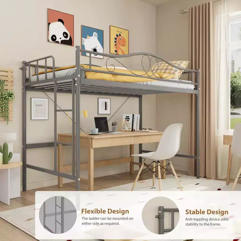 COZONY Letto a soppalco singolo con scaletta regolabile, telaio in metallo resistente capacità 180 kg sponda di sicurezza