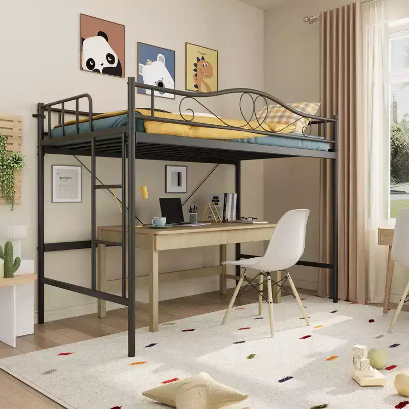 COZONY Letto a soppalco singolo con scaletta regolabile, telaio in metallo resistente capacità 180 kg sponda di sicurezza