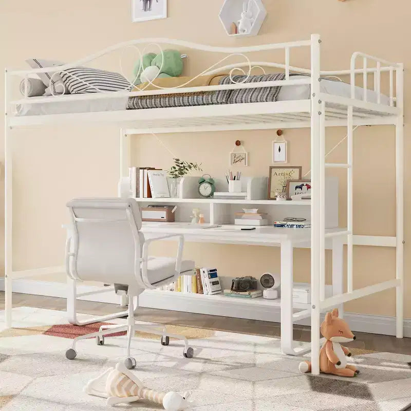 COZONY Letto a soppalco singolo con scaletta regolabile, telaio in metallo resistente capacità 180 kg sponda di sicurezza