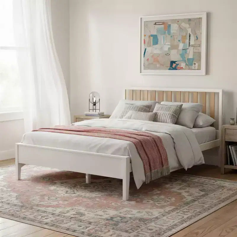 Scandinavian Queen-Size Bed with Slatted Headboard