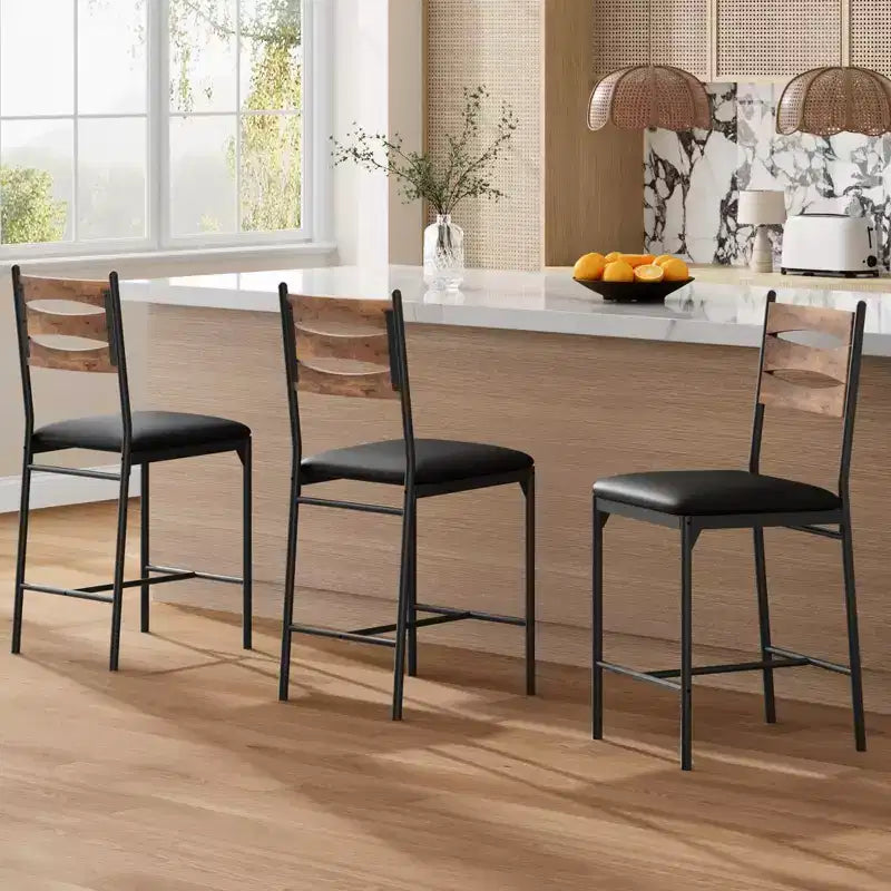 COZONY Bar Stools Set of 2, Counter Height Bar Chairs with Back & Footrest, Faux Leather Upholstered Wooden Barstools for Kitchen Island, Dining Room