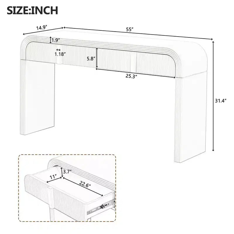 Consolle da ingresso minimalista Whisen con curve morbide e arrotondate, eleganti cassetti scanalati e superficie lucida e resistente