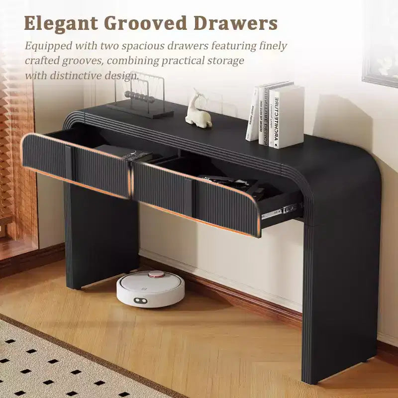Consolle da ingresso minimalista Whisen con curve morbide e arrotondate, eleganti cassetti scanalati e superficie lucida e resistente