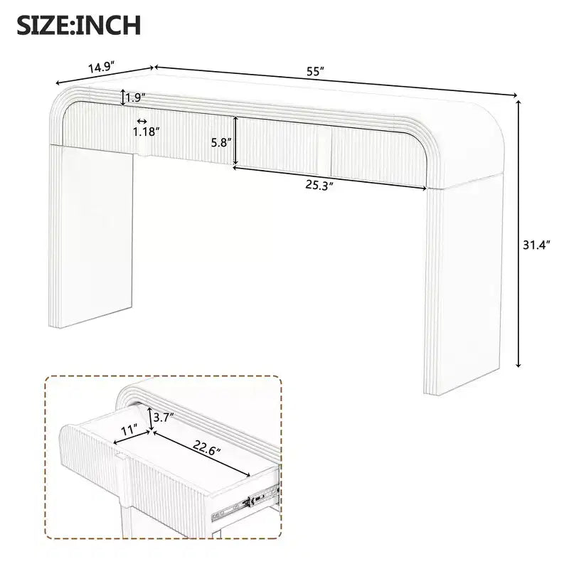 Consolle da ingresso minimalista Whisen con curve morbide e arrotondate, eleganti cassetti scanalati e superficie lucida e resistente