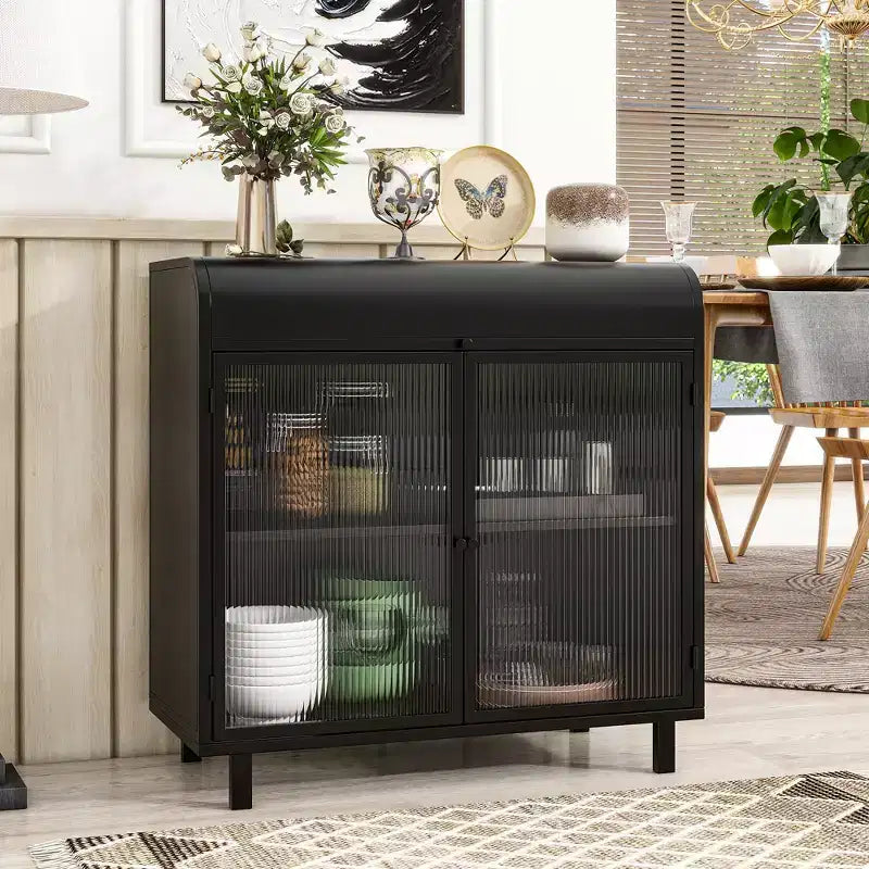 Modern Black Sideboard Buffet,Flip-Top Cabinet with Steel Frame & Tempered Glass Doors, Antique-Style Buffet for Kitchen or Dining Room