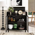 Credenza moderna nera, mobile con piano a ribalta e struttura in acciaio e ante in vetro temperato, credenza in stile antico per cucina o sala da pranzo