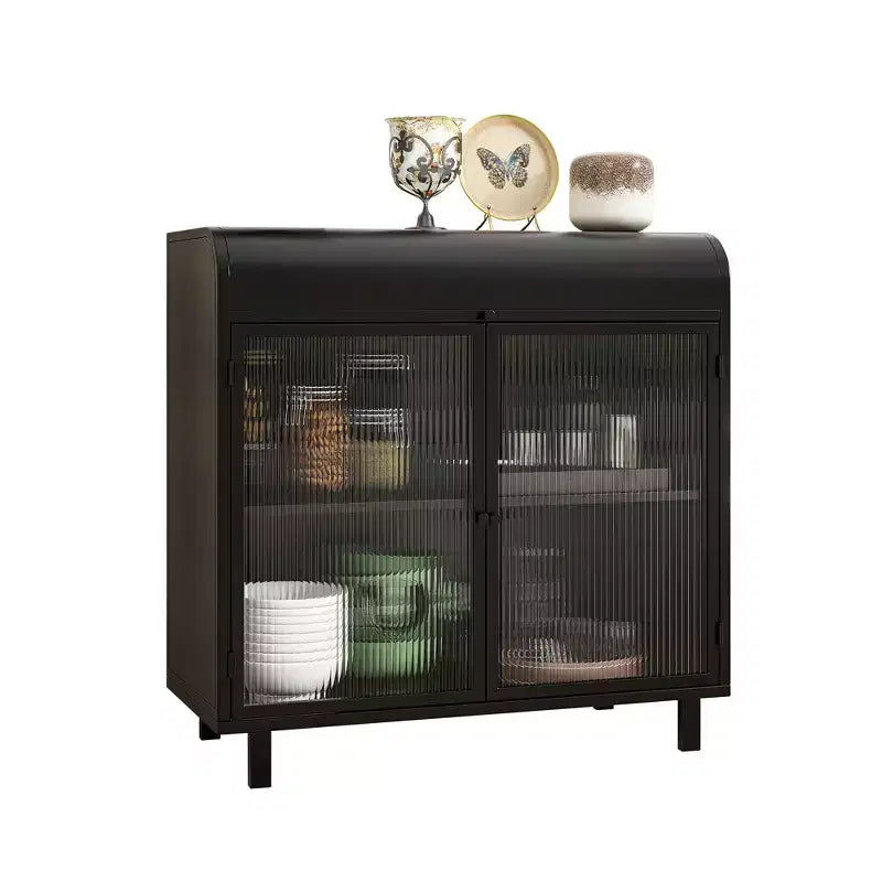 Credenza moderna nera, mobile con piano a ribalta e struttura in acciaio e ante in vetro temperato, credenza in stile antico per cucina o sala da pranzo