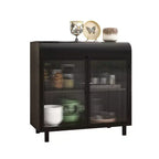 Credenza moderna nera, mobile con piano a ribalta e struttura in acciaio e ante in vetro temperato, credenza in stile antico per cucina o sala da pranzo