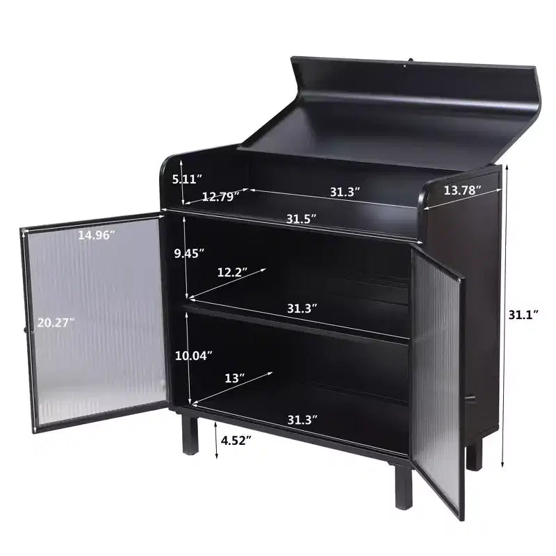 Credenza moderna nera, mobile con piano a ribalta e struttura in acciaio e ante in vetro temperato, credenza in stile antico per cucina o sala da pranzo
