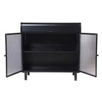 Credenza moderna nera, mobile con piano a ribalta e struttura in acciaio e ante in vetro temperato, credenza in stile antico per cucina o sala da pranzo
