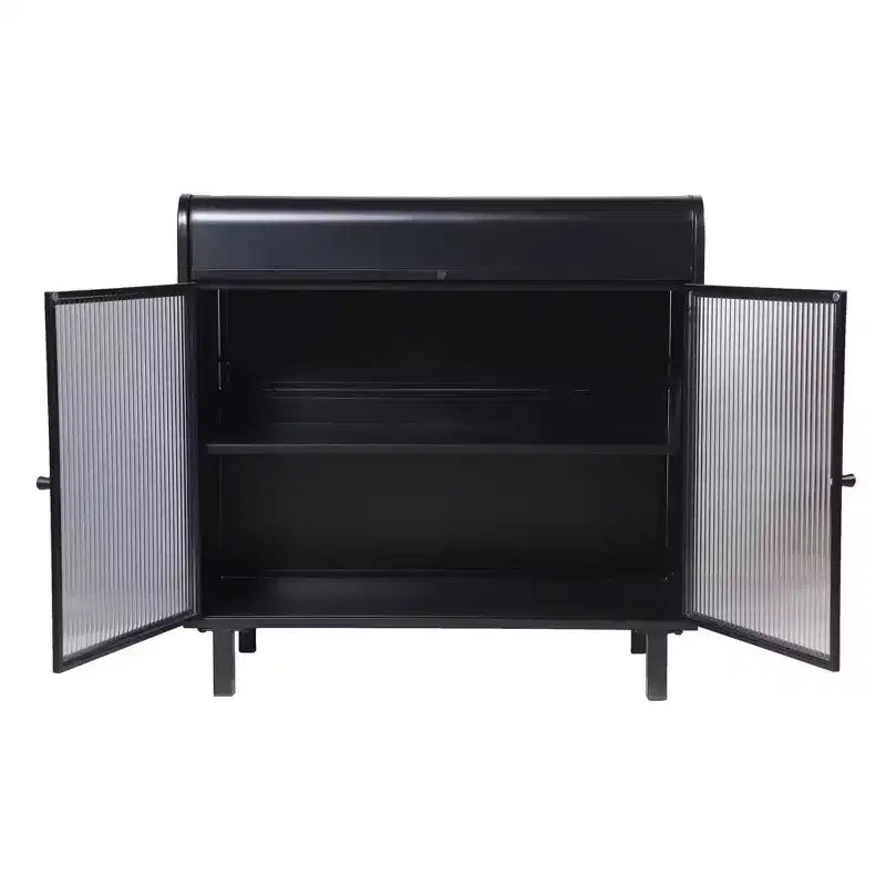 Credenza moderna nera, mobile con piano a ribalta e struttura in acciaio e ante in vetro temperato, credenza in stile antico per cucina o sala da pranzo