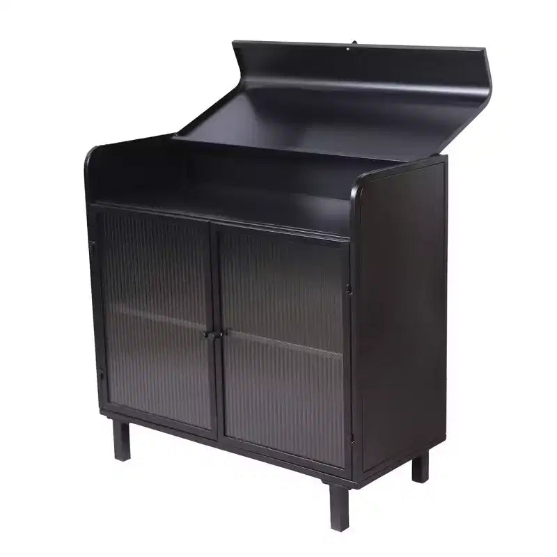 Credenza moderna nera, mobile con piano a ribalta e struttura in acciaio e ante in vetro temperato, credenza in stile antico per cucina o sala da pranzo