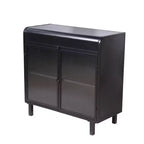 Credenza moderna nera, mobile con piano a ribalta e struttura in acciaio e ante in vetro temperato, credenza in stile antico per cucina o sala da pranzo