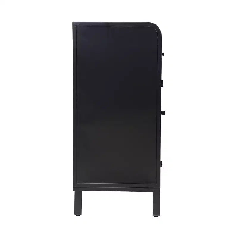Credenza moderna nera, mobile con piano a ribalta e struttura in acciaio e ante in vetro temperato, credenza in stile antico per cucina o sala da pranzo