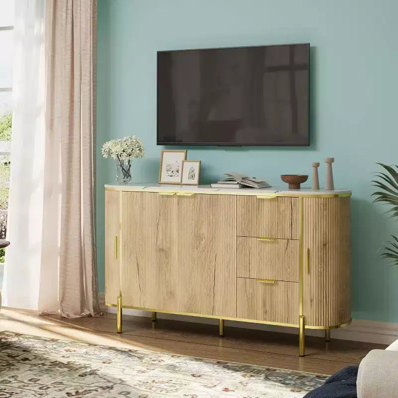 Mobile credenza grande da 150 cm, mobiletto moderno con scanalature, mobile TV ovale in legno con 3 cassetti, blu