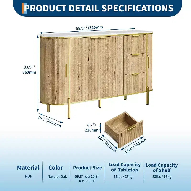 Mobile credenza grande da 150 cm, mobiletto moderno con scanalature, mobile TV ovale in legno con 3 cassetti, blu