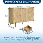 Mobile credenza grande da 150 cm, mobiletto moderno con scanalature, mobile TV ovale in legno con 3 cassetti, blu