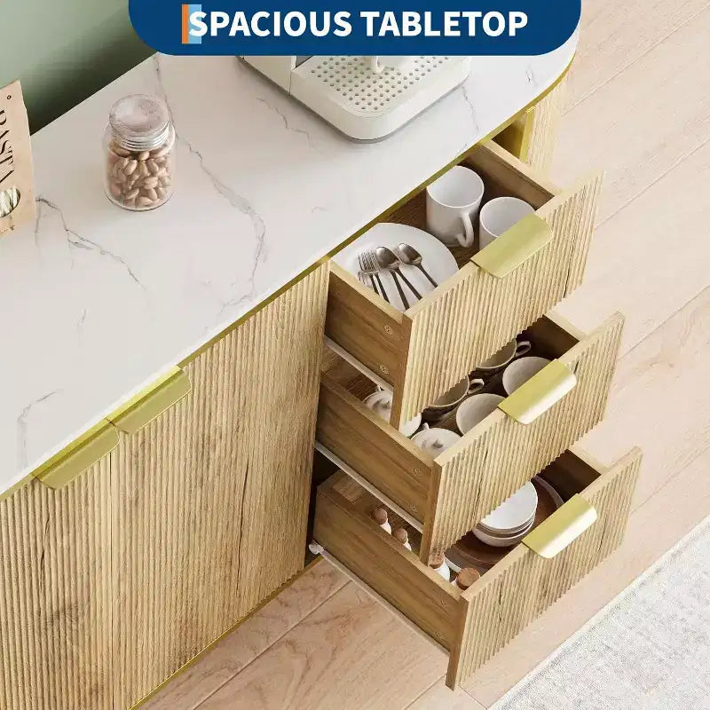 Mobile credenza grande da 150 cm, mobiletto moderno con scanalature, mobile TV ovale in legno con 3 cassetti, blu