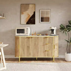 Mobile credenza grande da 150 cm, mobiletto moderno con scanalature, mobile TV ovale in legno con 3 cassetti, blu
