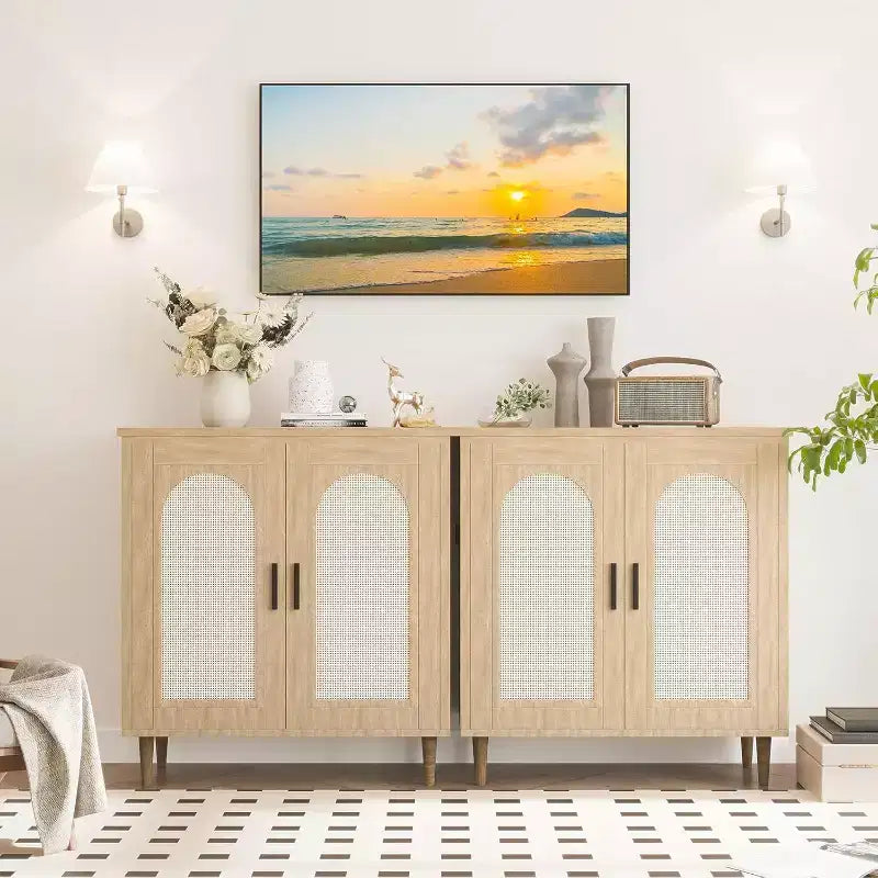 Credenza da Buffet per Cucina con Rattan, Mobile Contenitore con Ampio Spazio