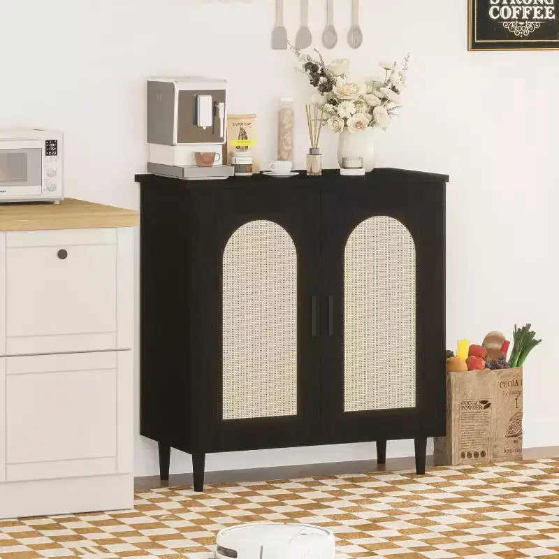 Credenza da Buffet per Cucina con Rattan, Mobile Contenitore con Ampio Spazio