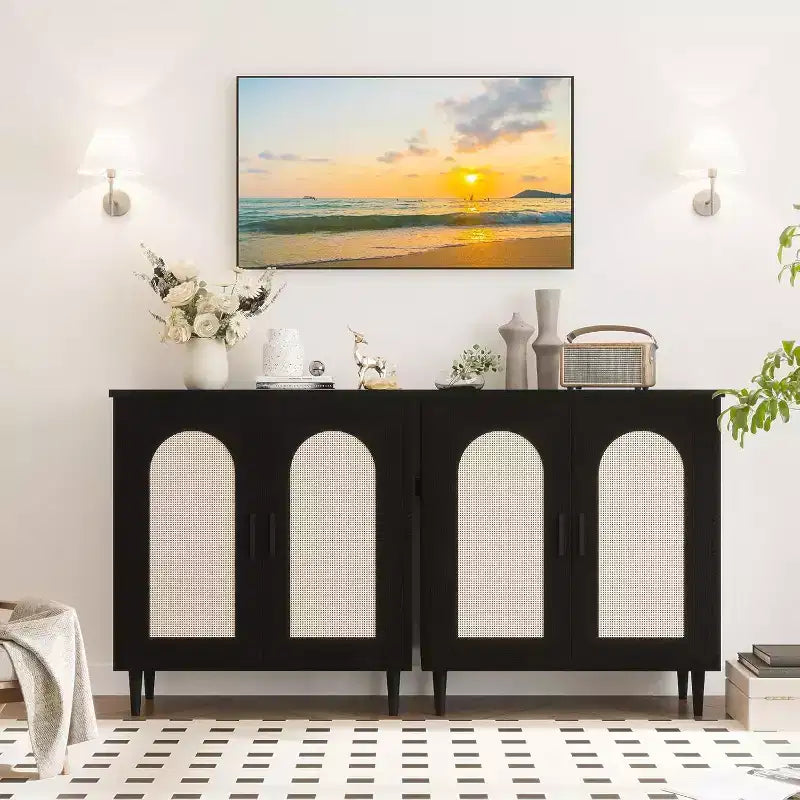 Credenza da Buffet per Cucina con Rattan, Mobile Contenitore con Ampio Spazio